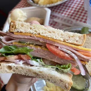 a person holding a sandwich