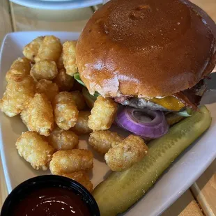 Bacon cheeseburger with tots (ordered medium &amp; it was perfect)