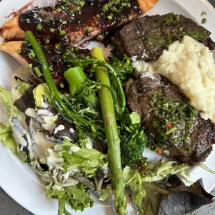 Salmon, steak, mashed potatoes,broccolini, asparagus and green salad