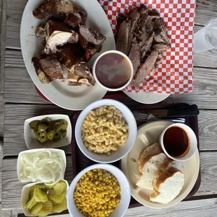 smoked chicken and brisket w/ corn and mac and cheese. 2.5/5 for the meal