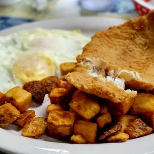 Flounder, eggs and home fries