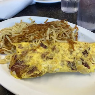 Bacon, onion, and cheese omelet.