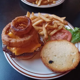 Outlaw Burger - Bacon, onion rings, cheddar cheese and bleu cheese