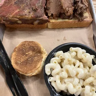 2 meat choice combination:  ribs and brisket on Texas toast, mac n cheese side, and biscuit!