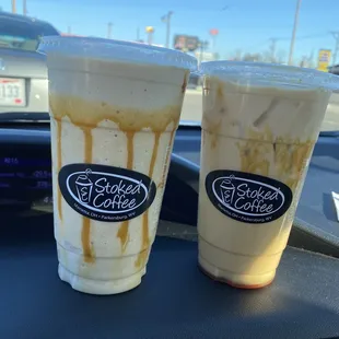 Large frozen Pot of Gold and large iced Stoked Mocha