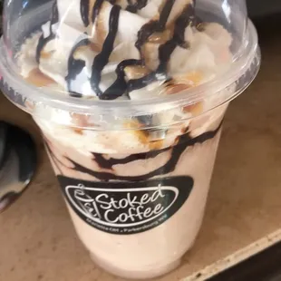 Chocolate, peanut butter, caramel frap!
