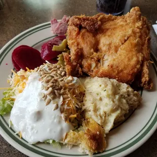 Fried Chicken, dressing and salad from buffet