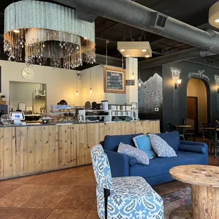 blue couches and tables