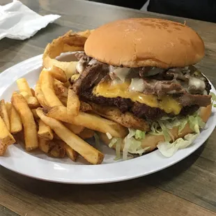 This is the Texas State Burger. It has Philly Cheese Steak meat on it. By far the best burger I&apos;ve had in a long time.