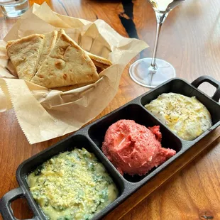 Trio of dips: spinach, beet, hummus