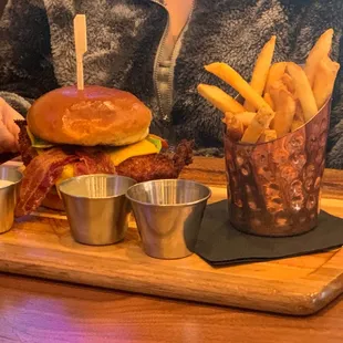 Chicken burger with cheese and bacon.