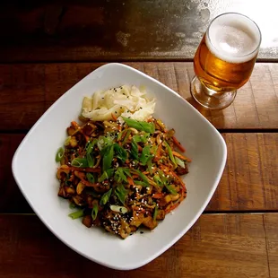 Yakisoba. Features buckwheat soba noodles and Jidori chicken and can be made vegetarian by substituting tofu for chicken!