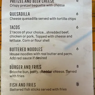 Kids menu