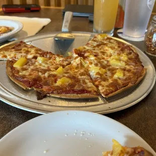 Canadian Bacon and Pineapple Pizza on thin crust.