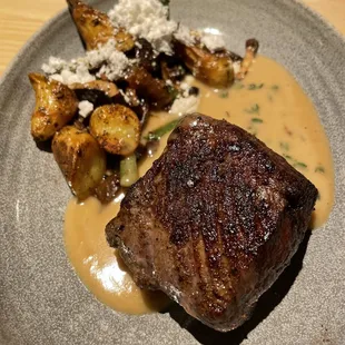 NY strip with mushroom cream, potatoes, green beans, &amp; mushrooms