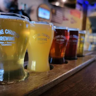 a row of beer glasses