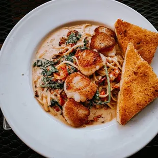scallops and pasta on a white plate