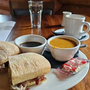Prime rib dip w/ side of vegetable tortilla soup