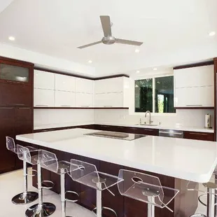 a modern kitchen with a large island