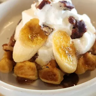 Bourbon Toffee, bananas and pecan waffles