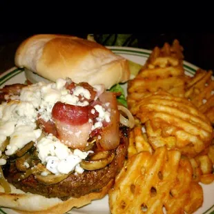 1/2lb burger with grilled onions, mushrooms, bacon, &amp; bleu cheese.