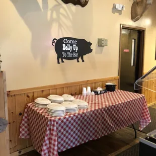 a table with plates and plates on it