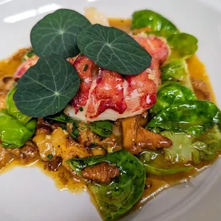 Poached Lobster, Chanterelle, &amp; Brussel Sprouts, Nasturtium