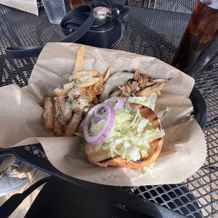 Mushroom Swiss burger and tavern fries