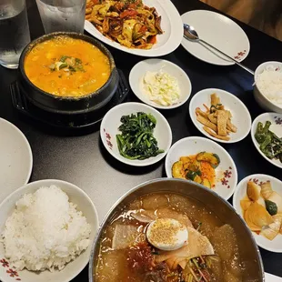 Seafood soondubu, stir fried squid, and chik naengmyeon