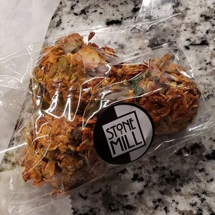 a bag of granola and a banana