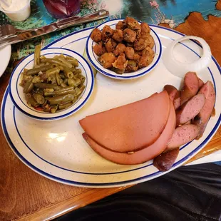 Fried okra, green beans, polish sausage, bologna