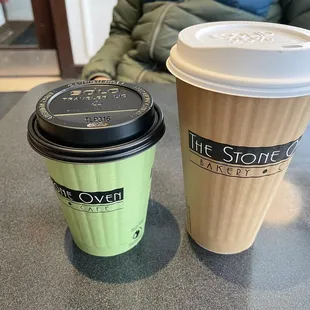 Small almond latte (left) and large coffee (right)