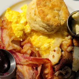 Brunch - Scrambled Eggs w/ Cheddar Cheese, Bacon w/ Home Fried Potatoes &amp; Biscuit ($16)