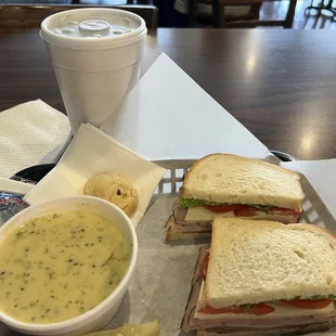 Deli sandwich with broccoli cheese soup