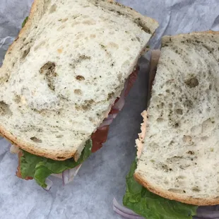 Weekly special- roasted red pepper crunch on herb bread- delicious