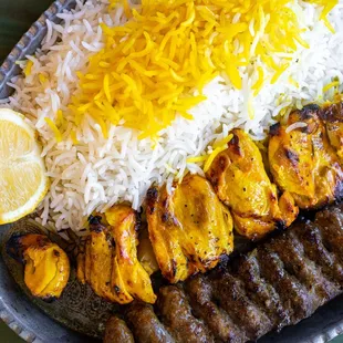 Gorgan Chicken &amp; Koobideh Kabob w/ Rice ($22)
