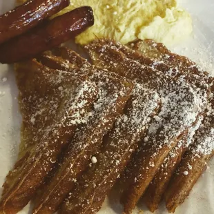 waffles, eggs, and sausage