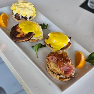 Want to have a variety!  Try our food flights!  This is the egg Benedict flight available at brunch every Saturday and Sunday 10-3pm