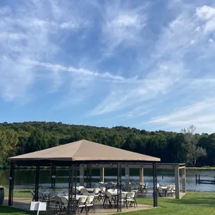 a picnic area on the shore of a lake