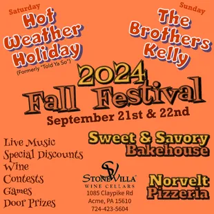 Stone Villa's Annual Fall Festival 2024 with live music, delicious treats, special discounts, games, prizes, and so much more more!
