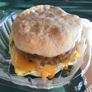 Sausage, egg and cheddar biscuit sandwich