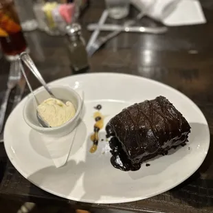 a piece of chocolate cake and ice cream
