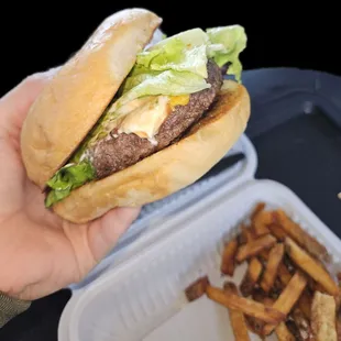 Cheeseburger with lettuce, ketchup, and mayonnaise with a side of French fries.