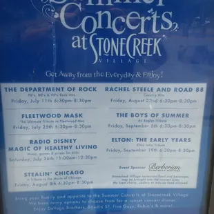 Concerts for Stonecreek Village and dates.