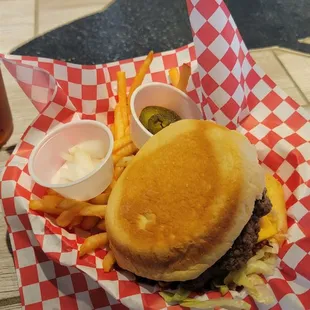 Bacon Cheeseburger  with fries and Yuengling