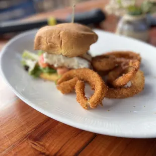 Blackened Grilled Fish and Onion Rings