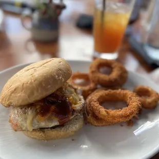 Grilled Chicken Breast Sandwich and Onion Rings