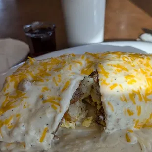 Any omelette can be made into a burrito smothered in gravy