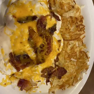 Mass Confusion - open faced biscuit with eggs, gravy, bacon and cheddar. Yum!