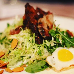 Crispy Duck Confit Salad Organic Frissee, Quial Egg adn Honey Roasted Almonds